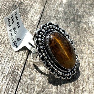 Real Tiger Eye Ring Genuine Gemstone Ornate 1.25 Inch Setting Ring Size 8